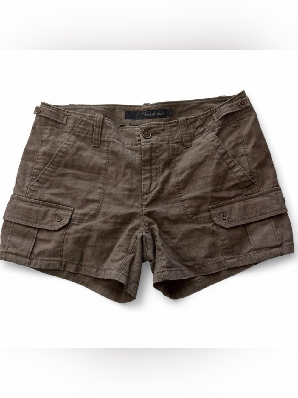 Linen Cotton Brown Y2K Cargo Micro Shorts Adjustable Waist Side Pocket Size 2